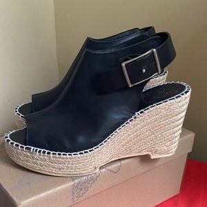 Black Leather Espadrille Wedge Sandals - Women. Made in Spain. Size Euro40